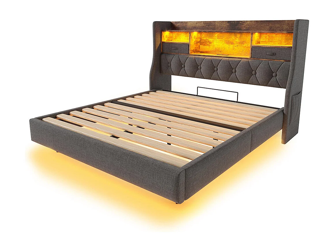 lit avec rangement rembourré 160x200 cm suspendu éclairage LED tête lit station recharge 1 Type-C 3 USB double moderne tête lit espace rangement lin gris