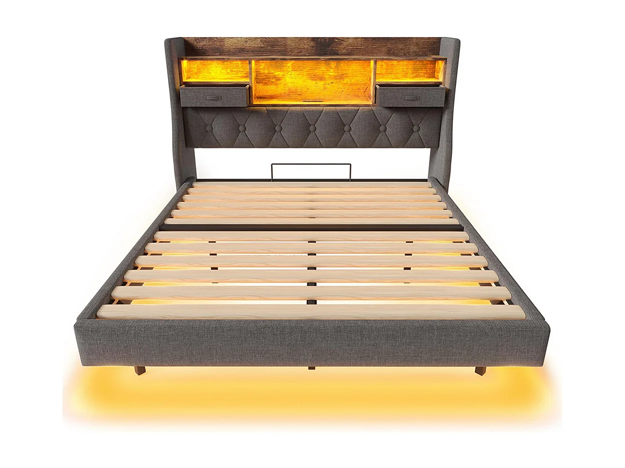 lit avec rangement rembourré 160x200 cm suspendu éclairage LED tête lit station recharge 1 Type-C 3 USB double moderne tête lit espace rangement lin gris