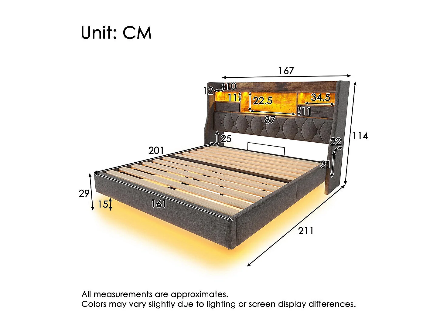 lit avec rangement rembourré 160x200 cm suspendu éclairage LED tête lit station recharge 1 Type-C 3 USB double moderne tête lit espace rangement lin gris