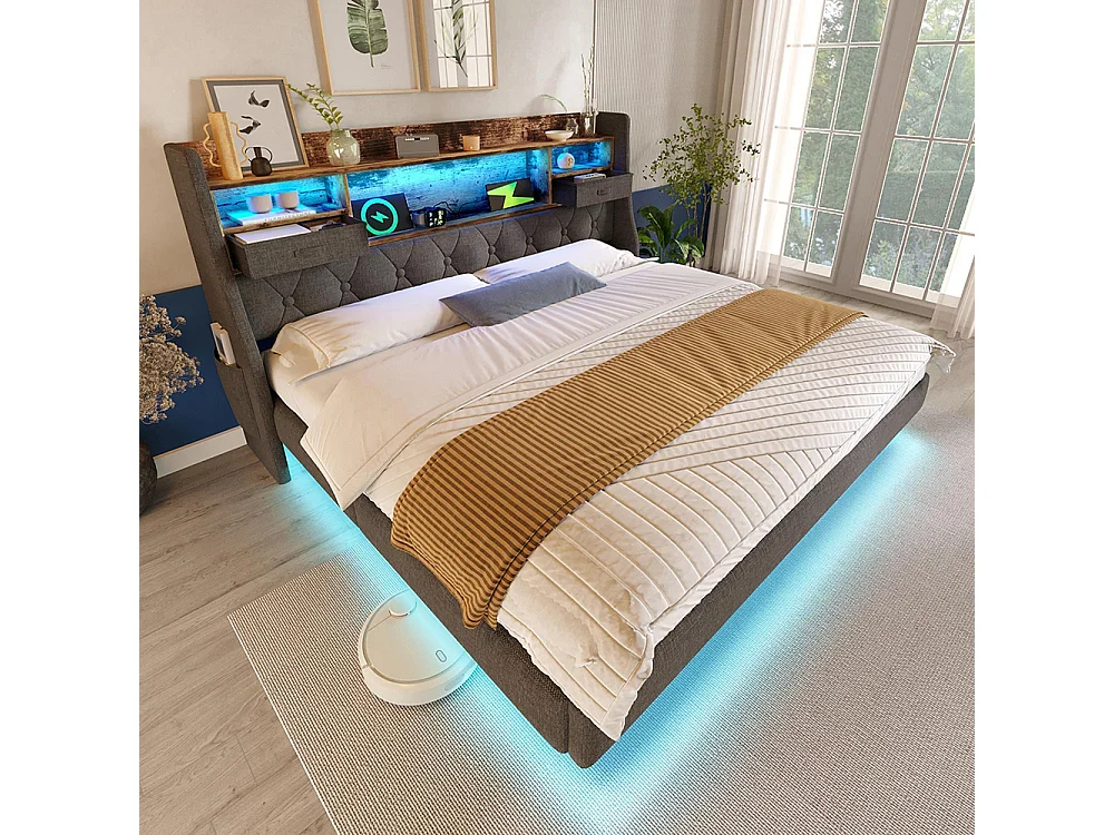 lit avec rangement rembourré 160x200 cm suspendu éclairage LED tête lit station recharge 1 Type-C 3 USB double moderne tête lit espace rangement lin gris