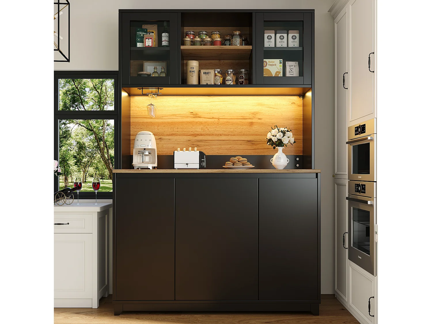 Buffet haut de cuisine - 120 x 40 x 180 cm - avec portes en acrylique + Leds - MDF + métal - noir