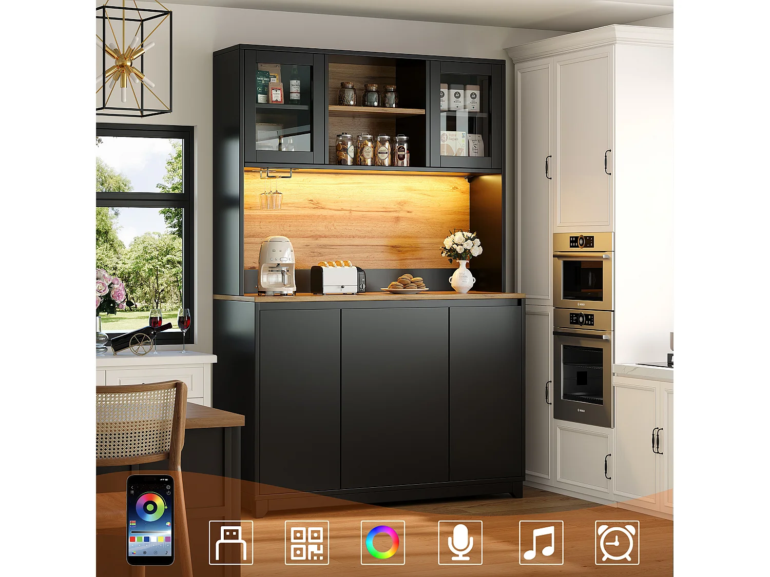 Buffet haut de cuisine - 120 x 40 x 180 cm - avec portes en acrylique + Leds - MDF + métal - noir