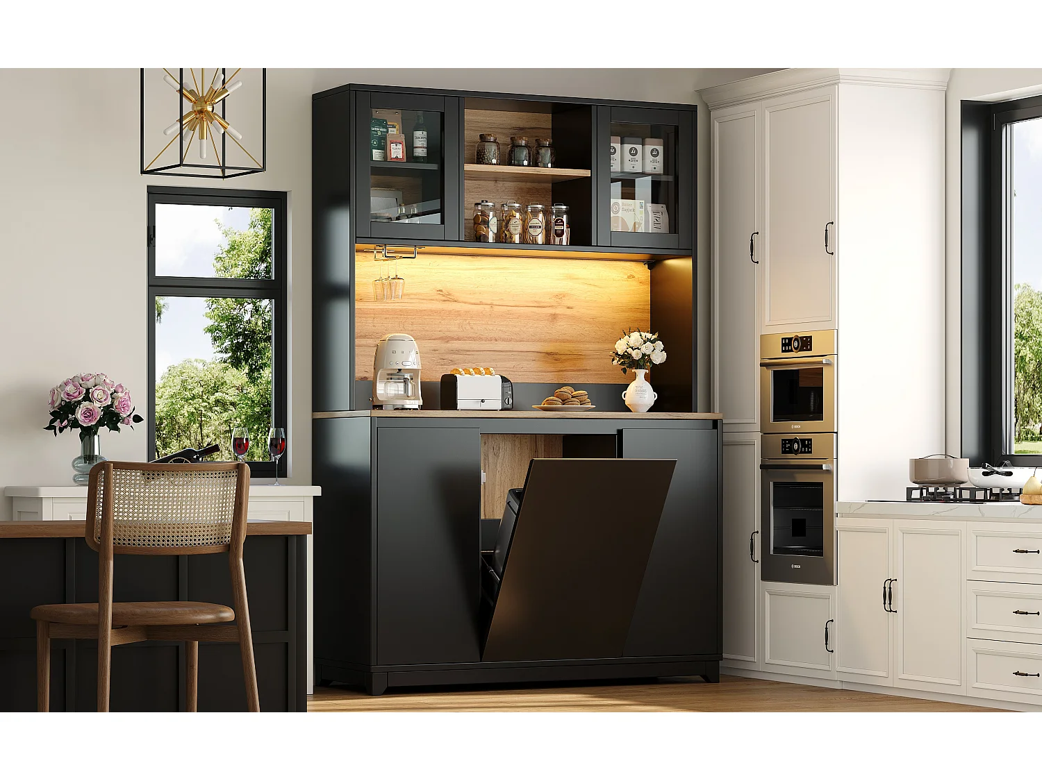 Buffet haut de cuisine - 120 x 40 x 180 cm - avec portes en acrylique + Leds - MDF + métal - noir