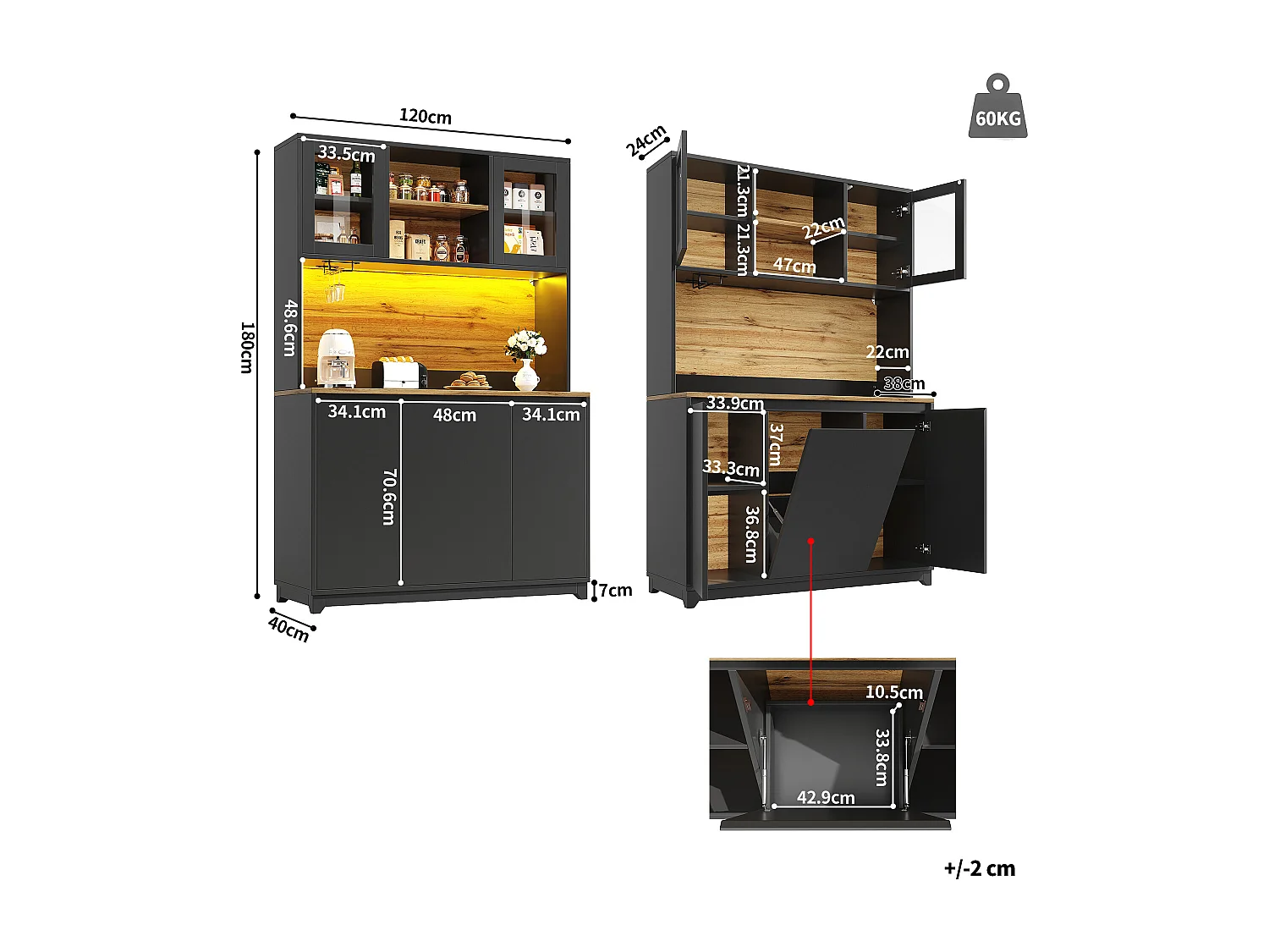 Buffet haut de cuisine - 120 x 40 x 180 cm - avec portes en acrylique + Leds - MDF + métal - noir