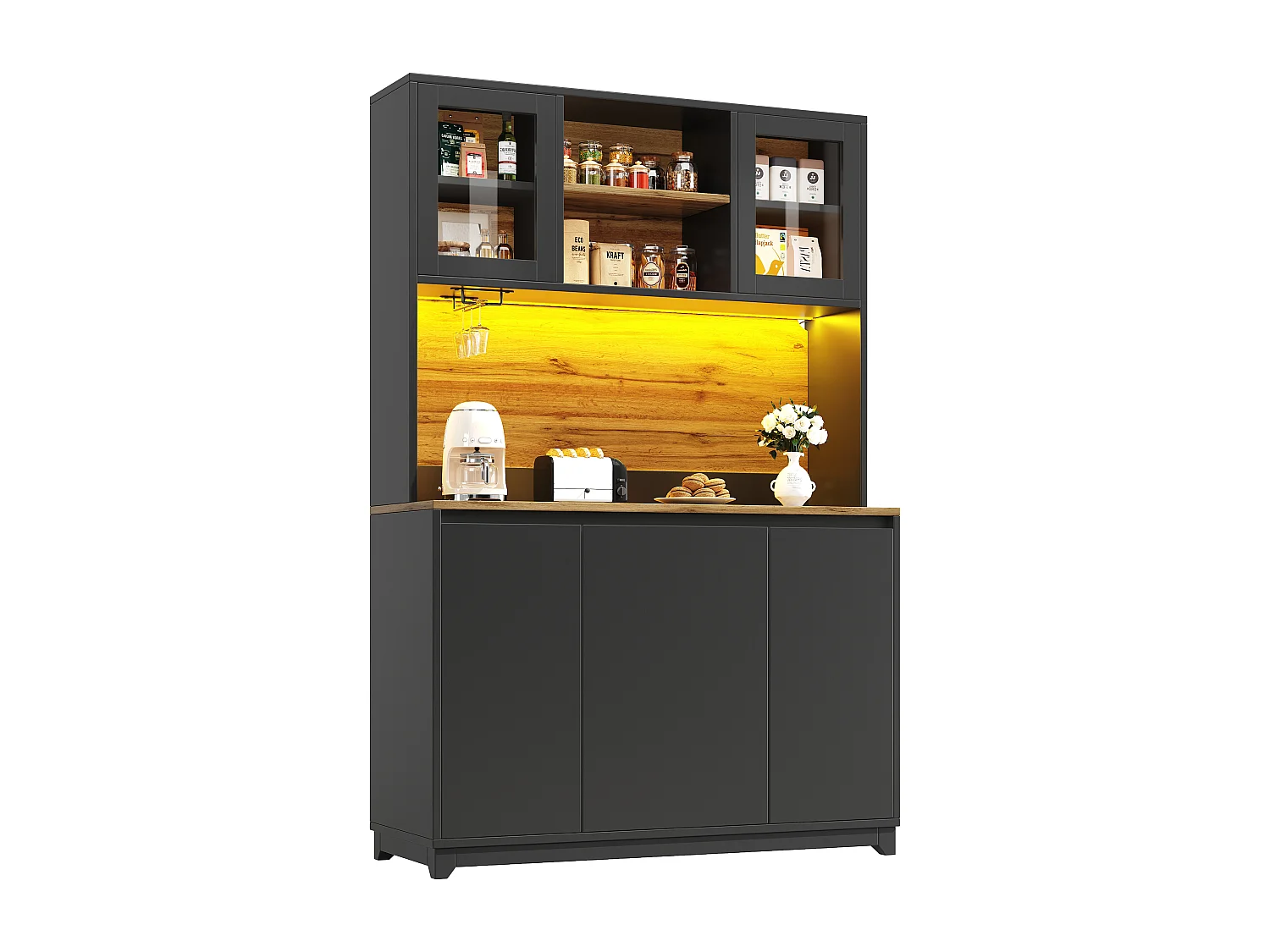 Buffet haut de cuisine - 120 x 40 x 180 cm - avec portes en acrylique + Leds - MDF + métal - noir