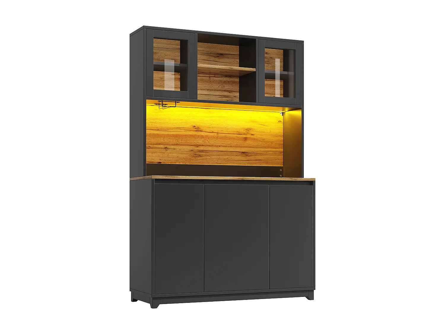 Buffet haut de cuisine - 120 x 40 x 180 cm - avec portes en acrylique + Leds - MDF + métal - noir