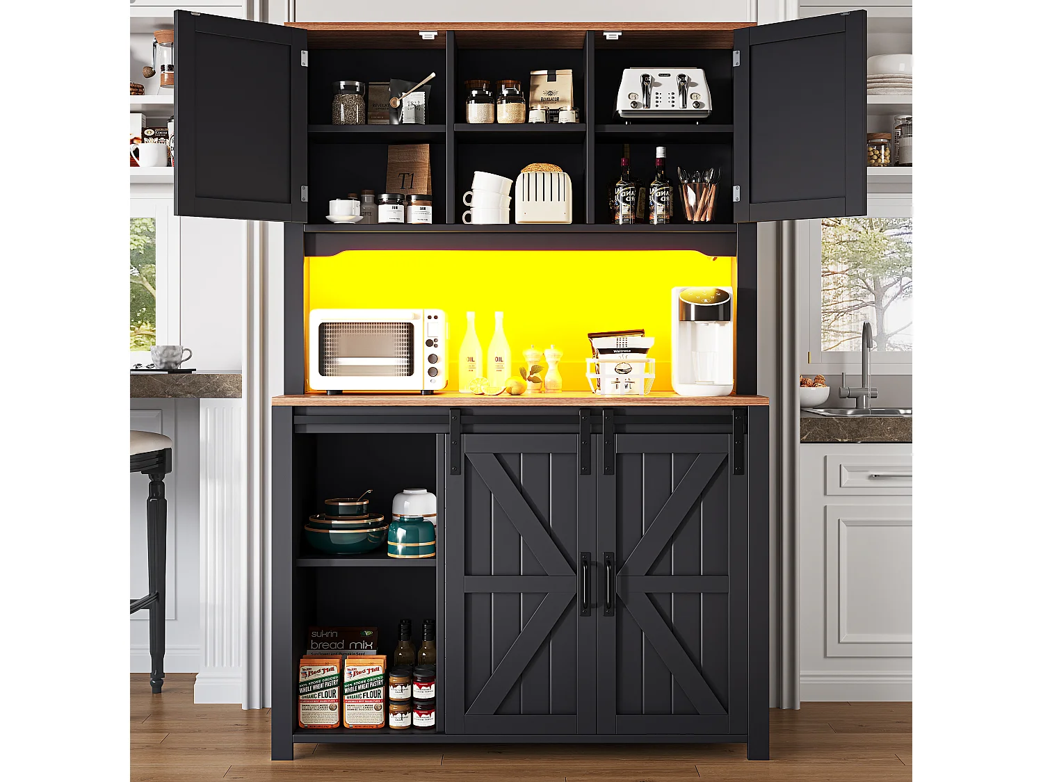 Buffet haut de cuisine - 115 x 40 x 174.7 cm - avec portes coulissantes + tiroirs + Leds - MDF + métal - noir