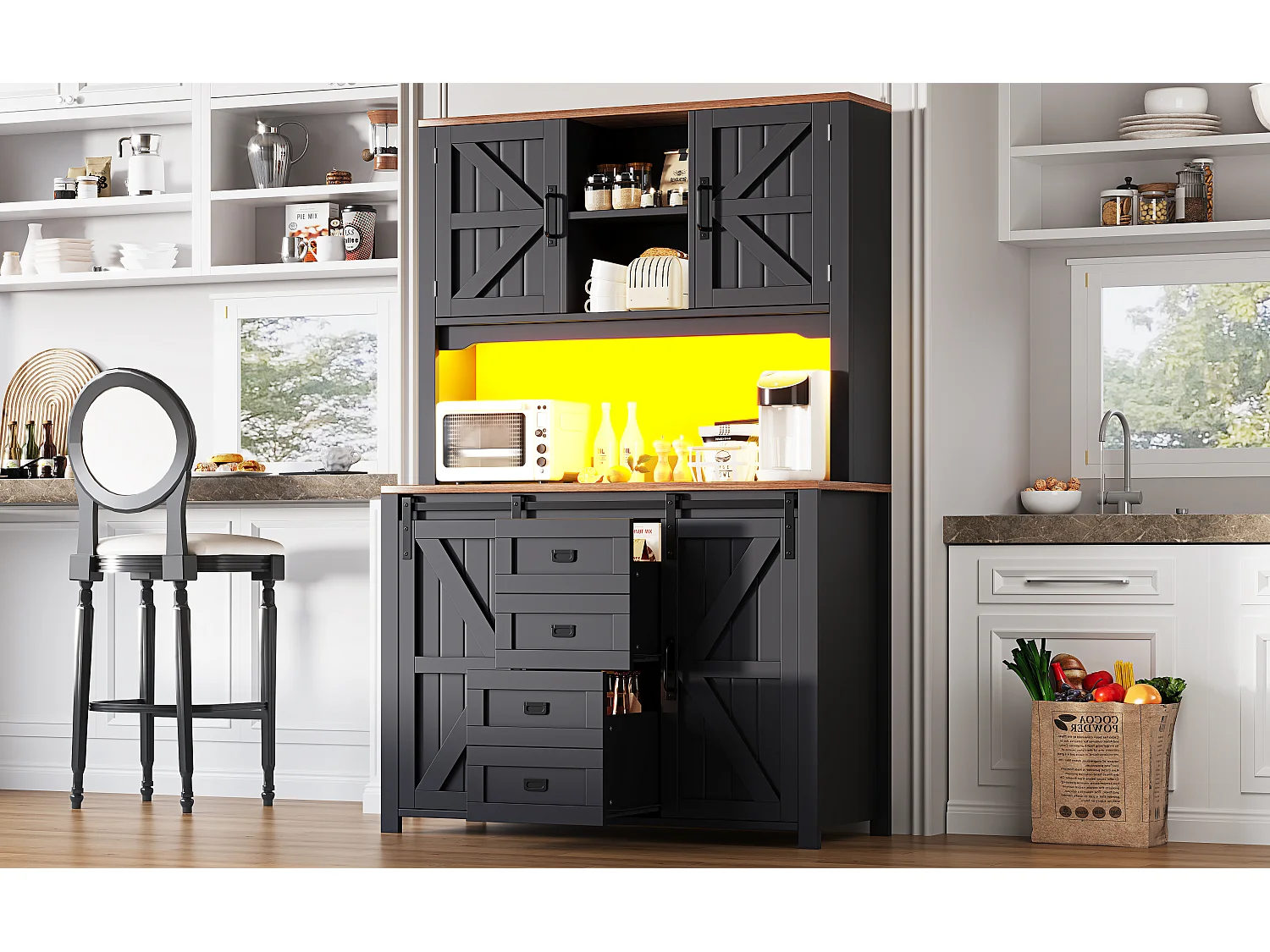 Buffet haut de cuisine - 115 x 40 x 174.7 cm - avec portes coulissantes + tiroirs + Leds - MDF + métal - noir