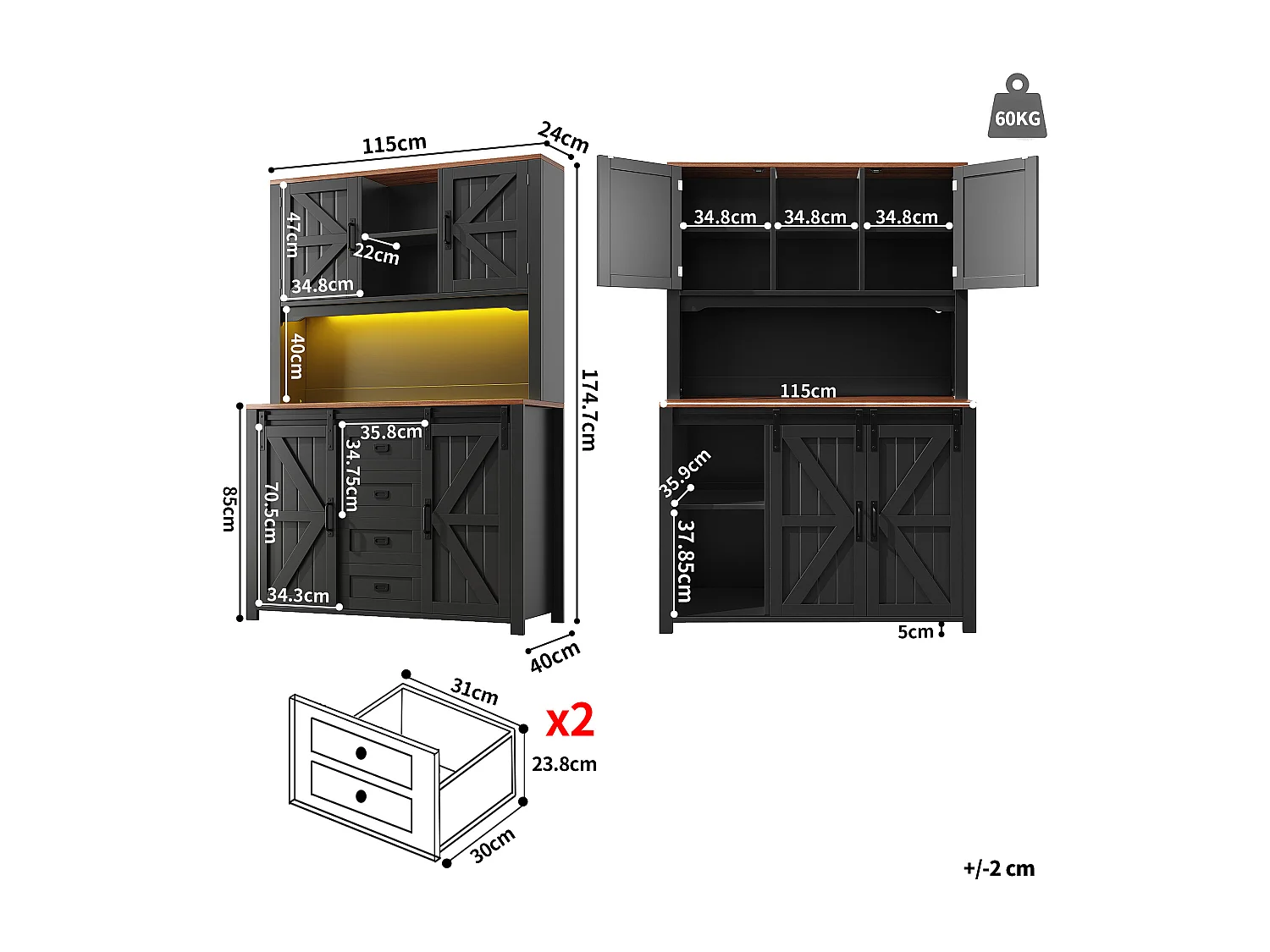 Buffet haut de cuisine - 115 x 40 x 174.7 cm - avec portes coulissantes + tiroirs + Leds - MDF + métal - noir