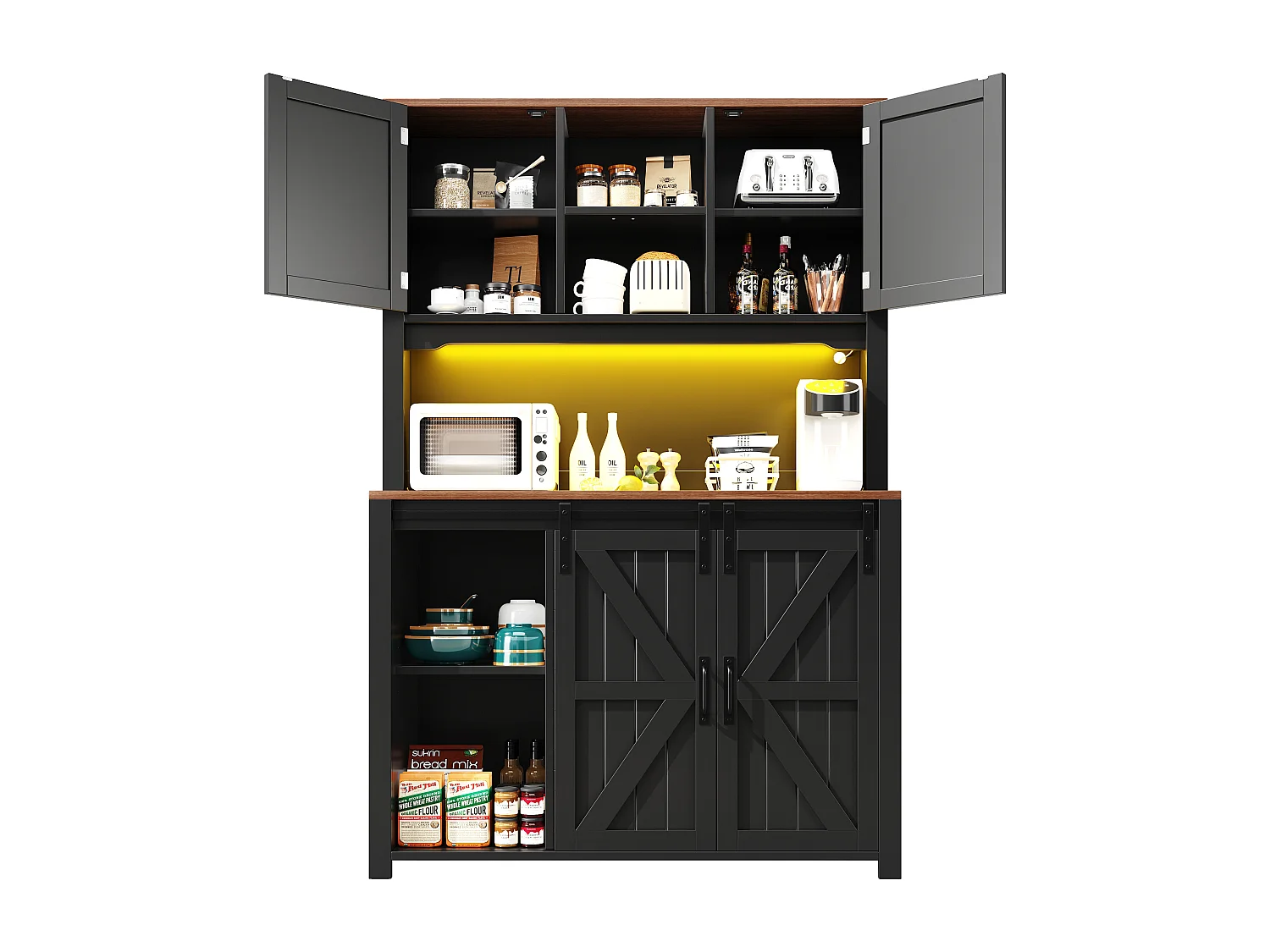 Buffet haut de cuisine - 115 x 40 x 174.7 cm - avec portes coulissantes + tiroirs + Leds - MDF + métal - noir