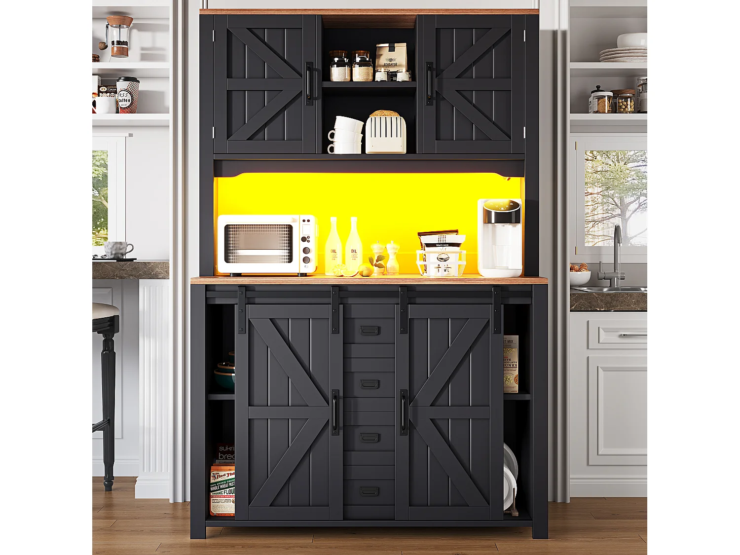 Buffet haut de cuisine - 115 x 40 x 174.7 cm - avec portes coulissantes + tiroirs + Leds - MDF + métal - noir