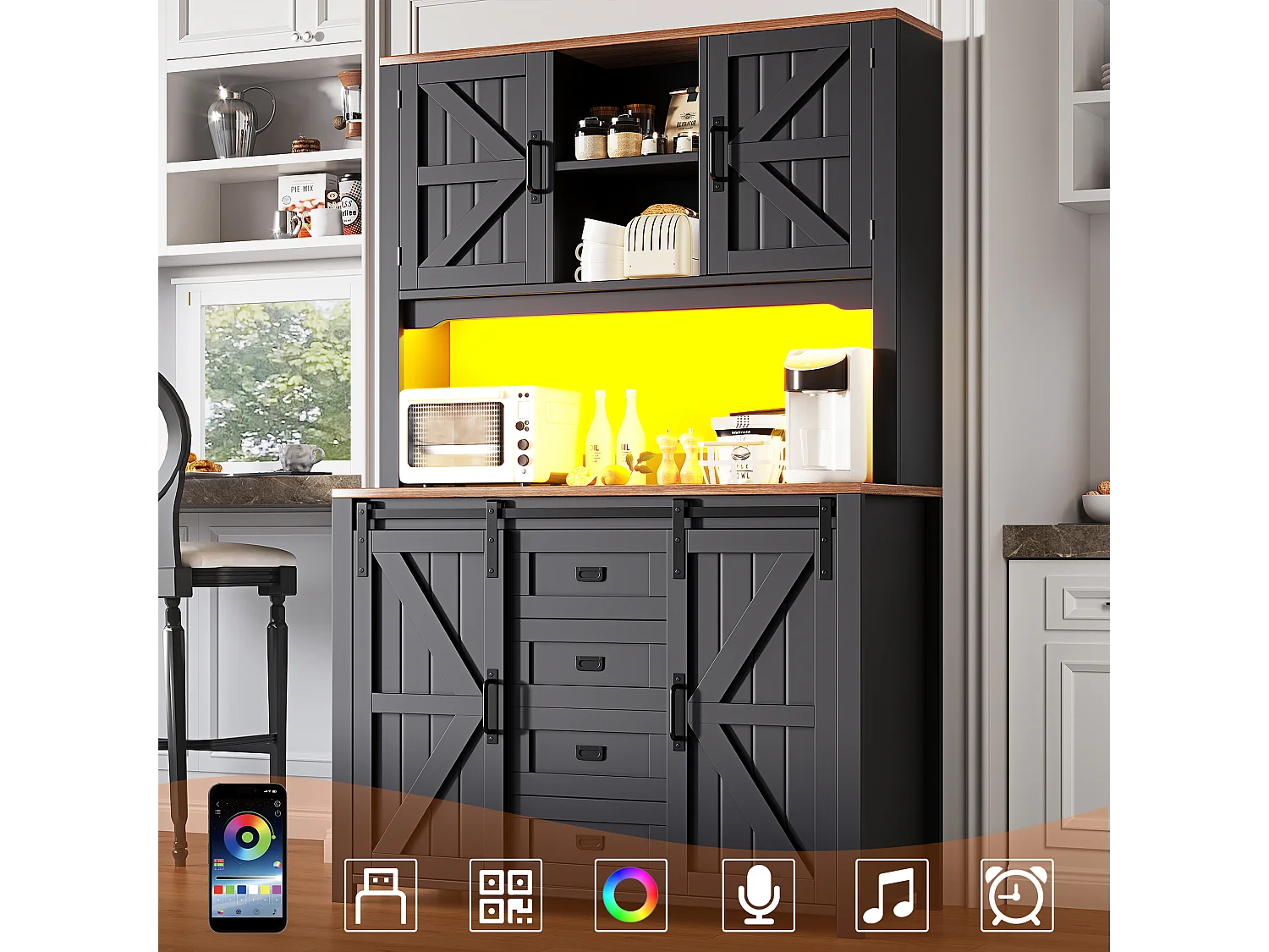 Buffet haut de cuisine - 115 x 40 x 174.7 cm - avec portes coulissantes + tiroirs + Leds - MDF + métal - noir