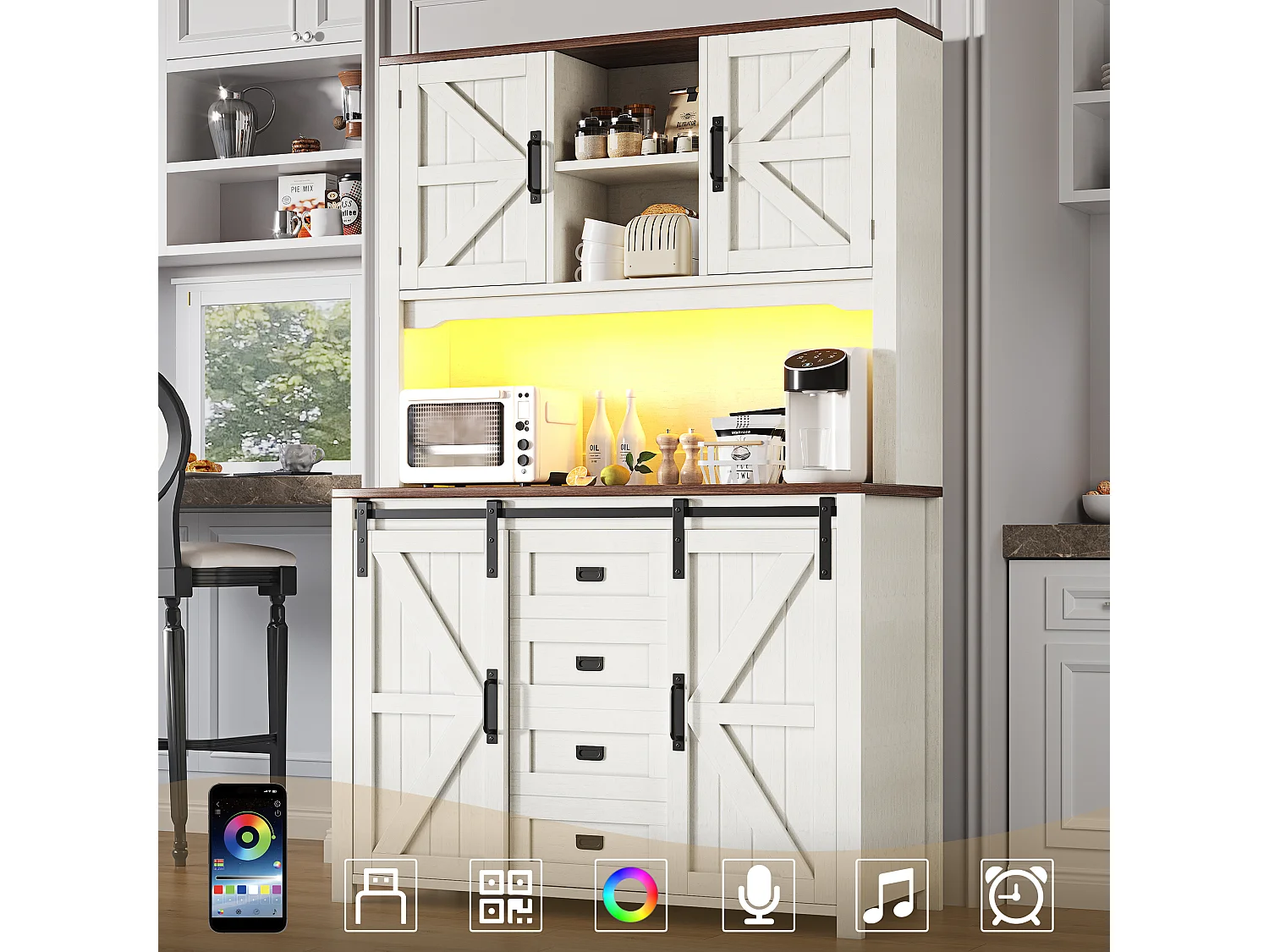 Buffet haut de cuisine - 115 x 40 x 174.7 cm - avec portes coulissantes + tiroirs + Leds - MDF + métal - blanc