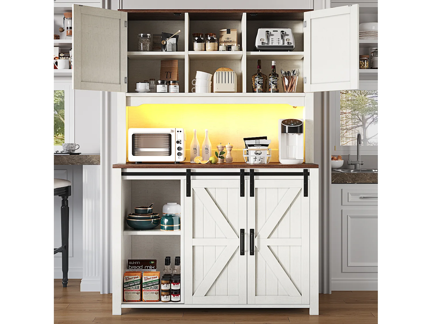 Buffet haut de cuisine - 115 x 40 x 174.7 cm - avec portes coulissantes + tiroirs + Leds - MDF + métal - blanc