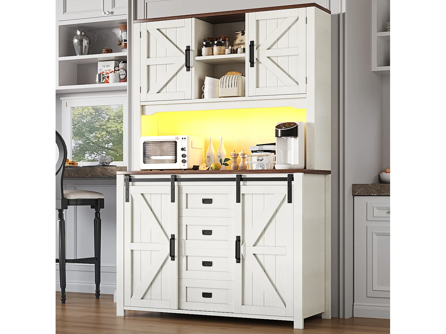 Buffet haut de cuisine - 115 x 40 x 174.7 cm - avec portes coulissantes + tiroirs + Leds - MDF + métal - blanc