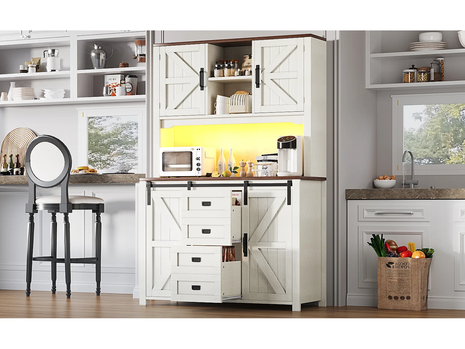 Buffet haut de cuisine - 115 x 40 x 174.7 cm - avec portes coulissantes + tiroirs + Leds - MDF + métal - blanc