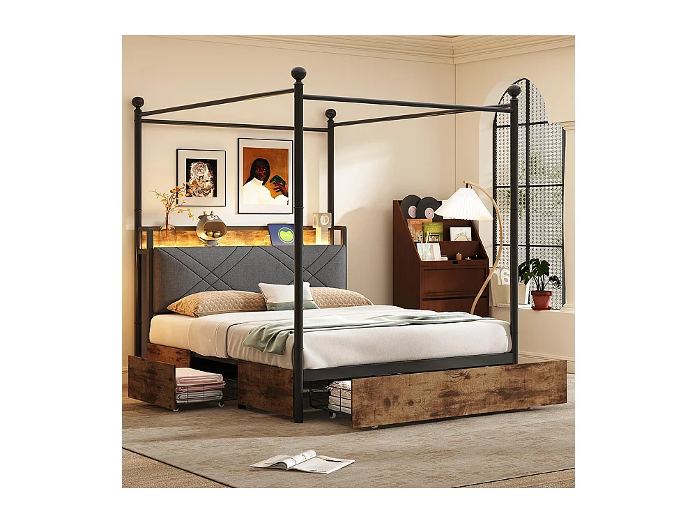 Lit à baldaquin 140x190 avec rangement baldaquin fer montants amovibles LED ports USB Type C trois tiroirs noir