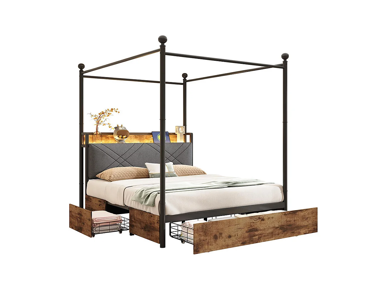 Lit à baldaquin 140x190 avec rangement baldaquin fer montants amovibles LED ports USB Type C trois tiroirs noir