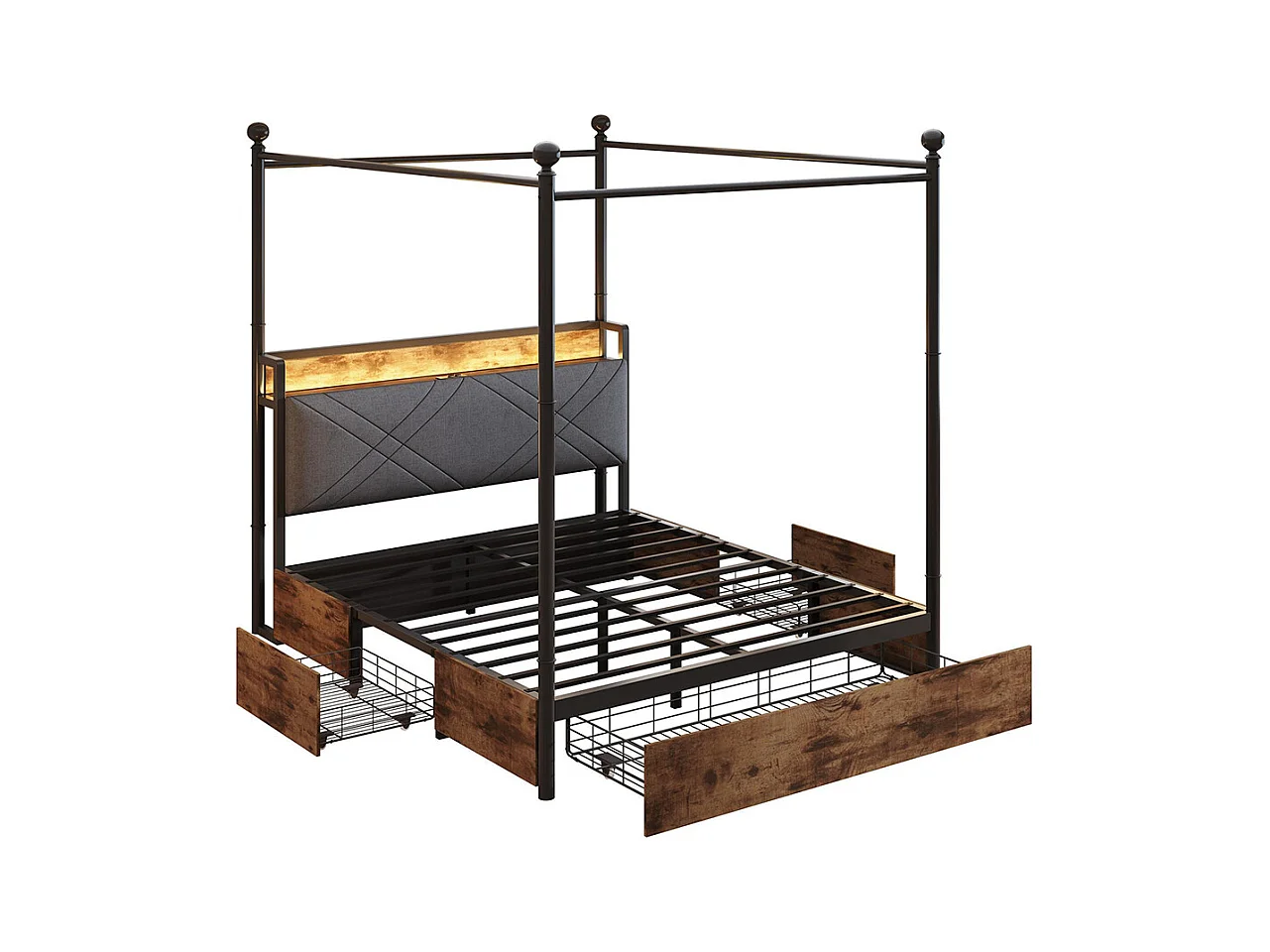 Lit à baldaquin 140x190 avec rangement baldaquin fer montants amovibles LED ports USB Type C trois tiroirs noir