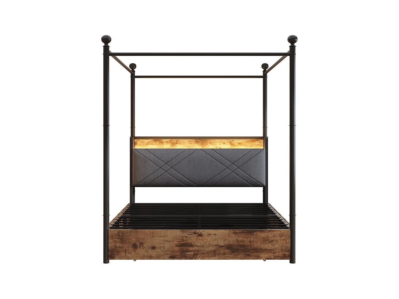 Lit à baldaquin 140x190 avec rangement baldaquin fer montants amovibles LED ports USB Type C trois tiroirs noir