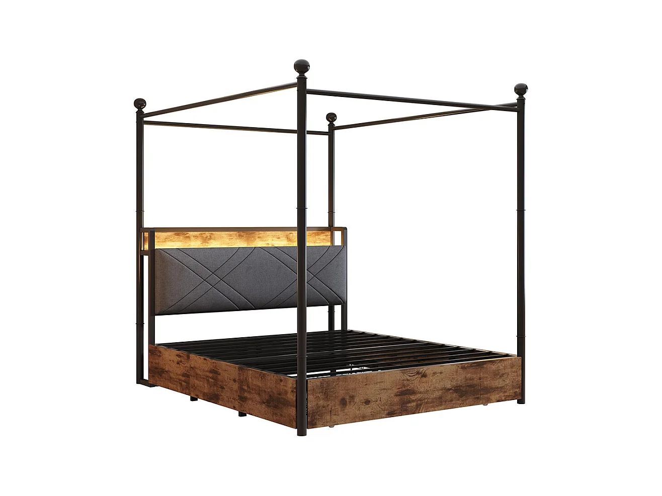 Lit à baldaquin 140x190 avec rangement baldaquin fer montants amovibles LED ports USB Type C trois tiroirs noir