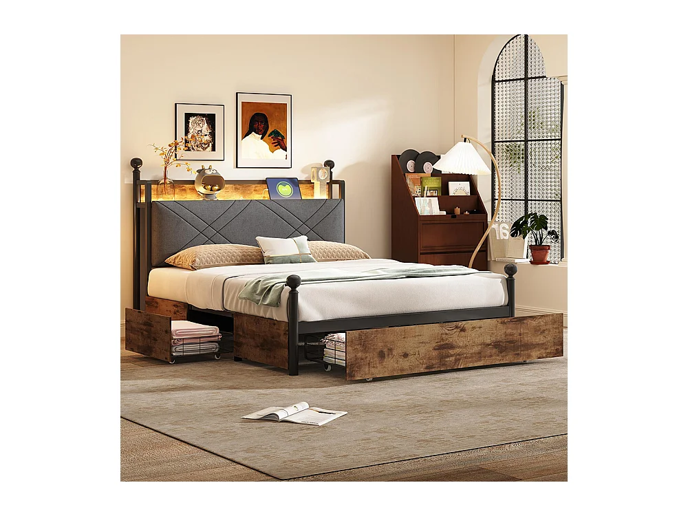 Lit à baldaquin 140x190 avec rangement baldaquin fer montants amovibles LED ports USB Type C trois tiroirs noir