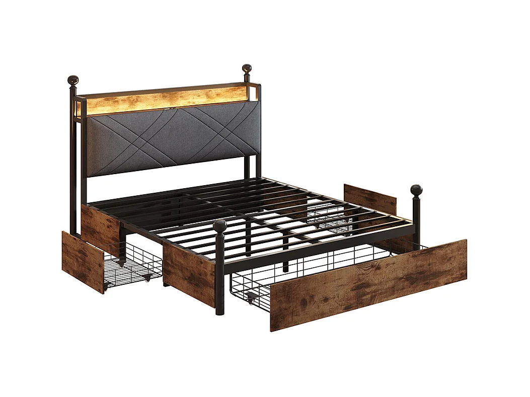 Lit à baldaquin 140x190 avec rangement baldaquin fer montants amovibles LED ports USB Type C trois tiroirs noir