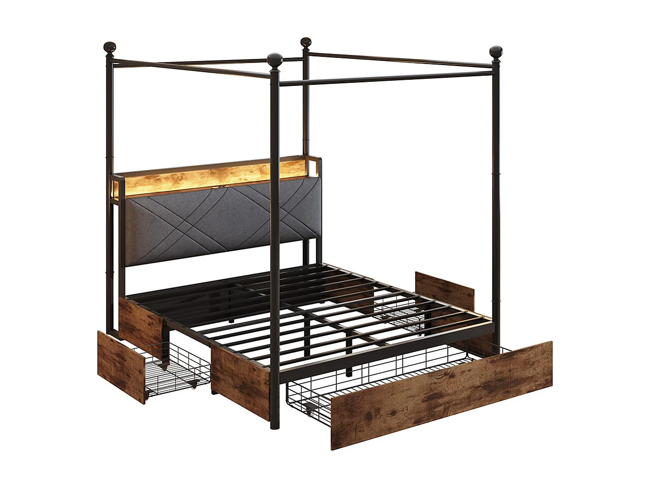 Lit à baldaquin 140x190 avec rangement baldaquin fer montants amovibles LED ports USB Type C trois tiroirs noir