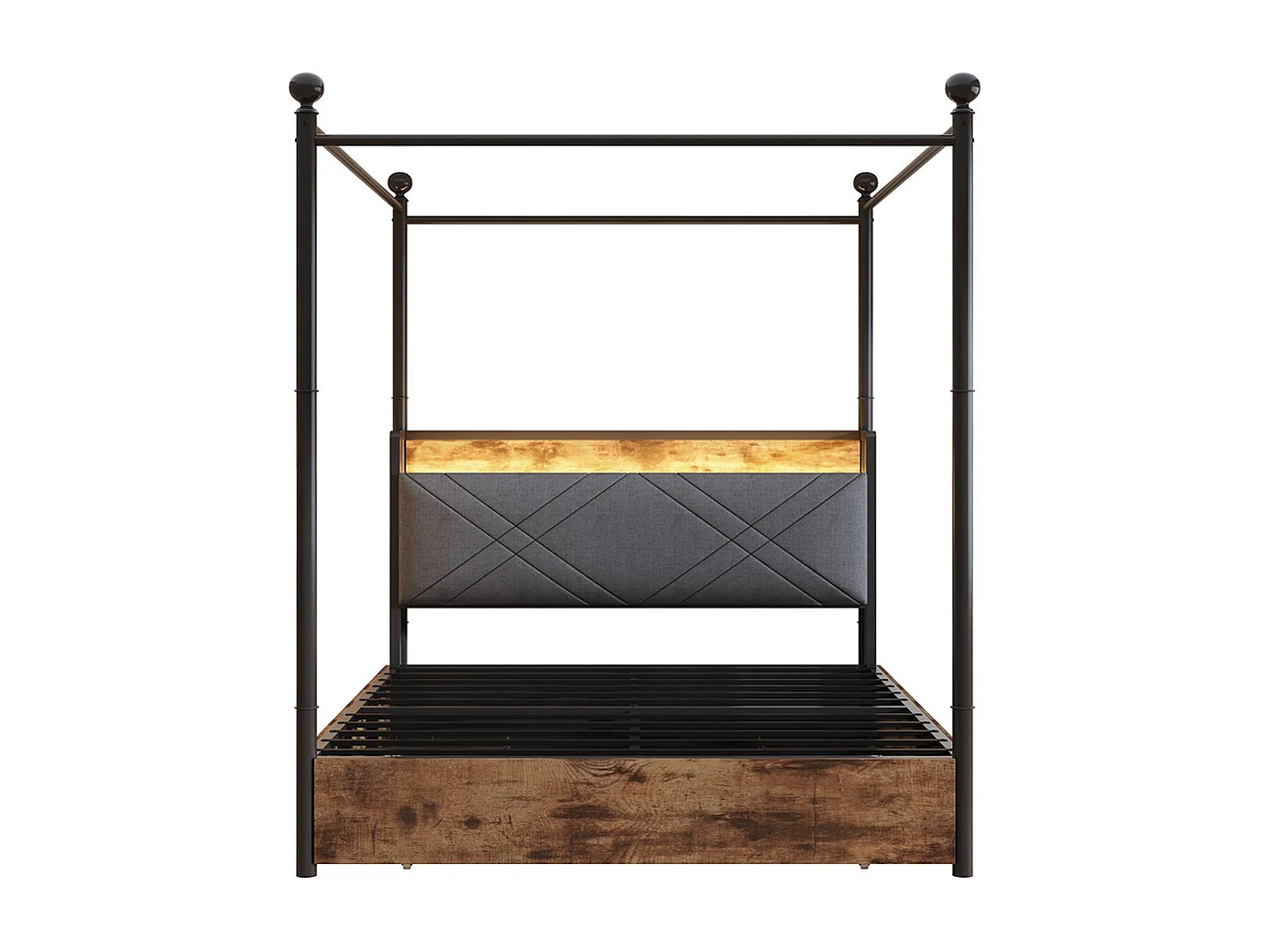 Lit à baldaquin 140x190 avec rangement baldaquin fer montants amovibles LED ports USB Type C trois tiroirs noir