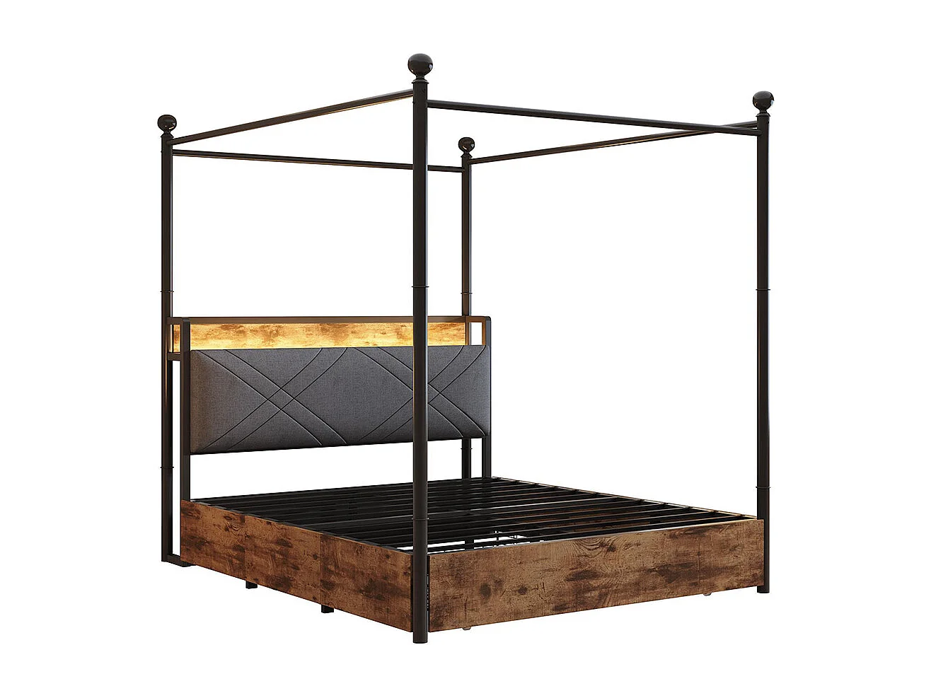 Lit à baldaquin 140x190 avec rangement baldaquin fer montants amovibles LED ports USB Type C trois tiroirs noir