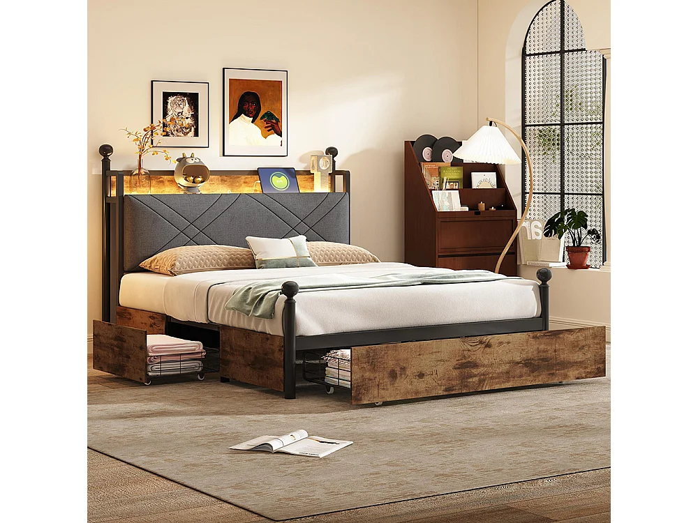 Lit à baldaquin 140x190 avec rangement baldaquin fer montants amovibles LED ports USB Type C trois tiroirs noir