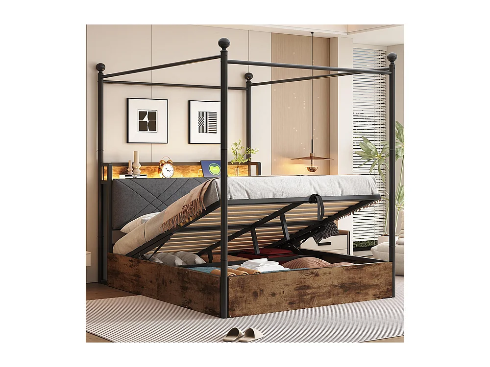 Lit à baldaquin en fer forgé 140x190 avec rangement hydraulique baldaquin fer forgé montants amovibles LED ports USB Type C pour adolescent noir