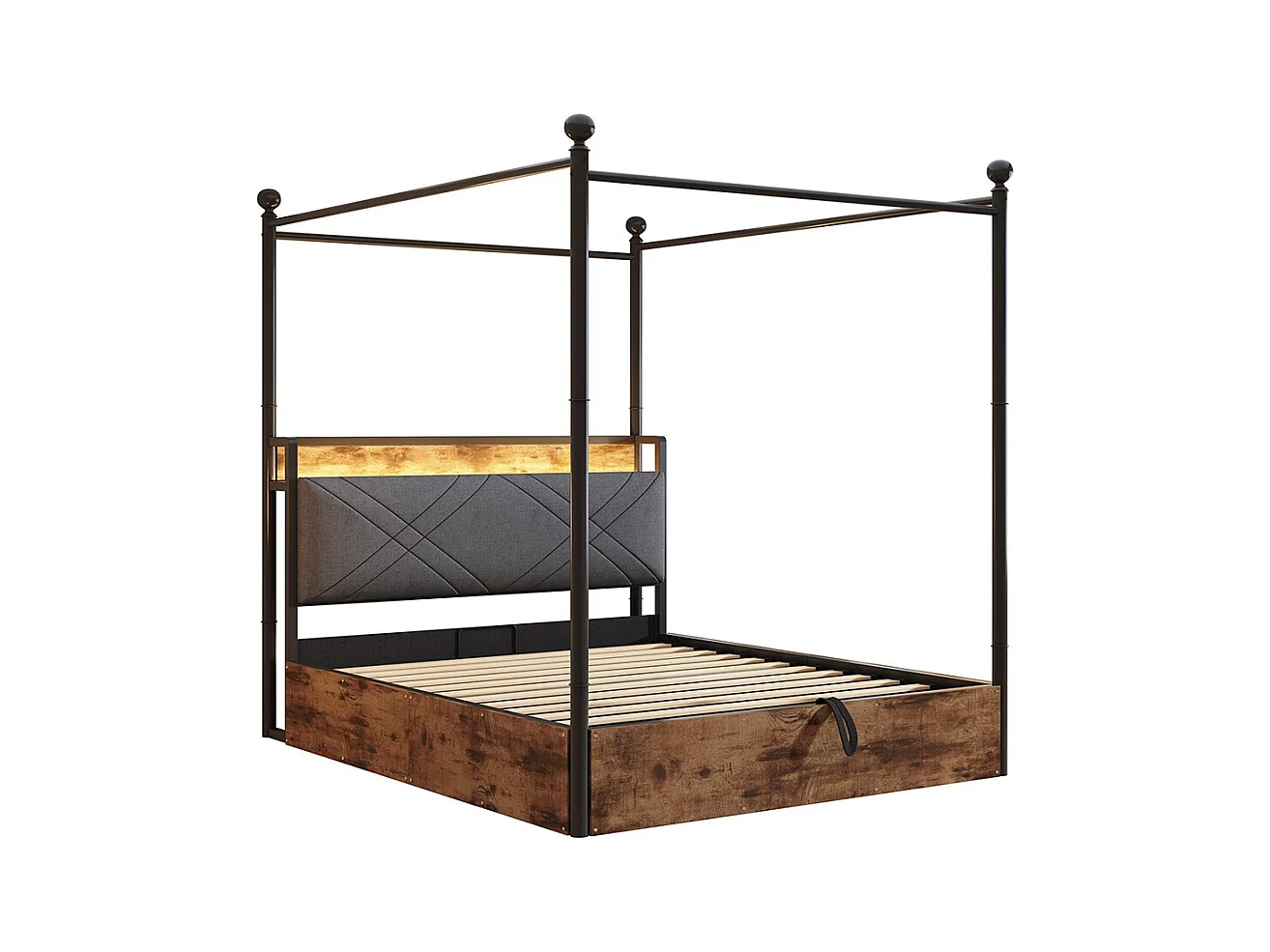 Lit à baldaquin en fer forgé 140x190 avec rangement hydraulique baldaquin fer forgé montants amovibles LED ports USB Type C pour adolescent noir