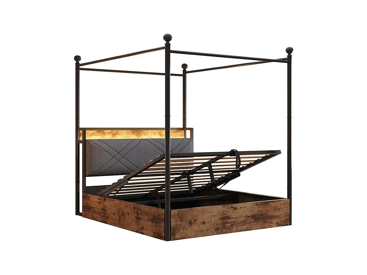 Lit à baldaquin en fer forgé 140x190 avec rangement hydraulique baldaquin fer forgé montants amovibles LED ports USB Type C pour adolescent noir