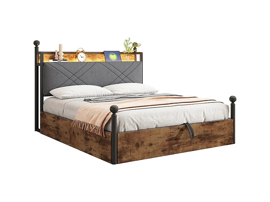 Lit à baldaquin en fer forgé 140x190 avec rangement hydraulique baldaquin fer forgé montants amovibles LED ports USB Type C pour adolescent noir