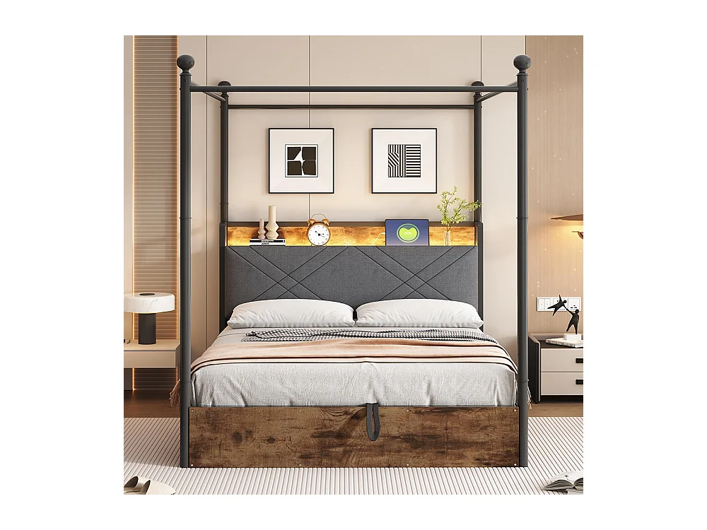 Lit à baldaquin en fer forgé 140x190 avec rangement hydraulique baldaquin fer forgé montants amovibles LED ports USB Type C pour adolescent noir