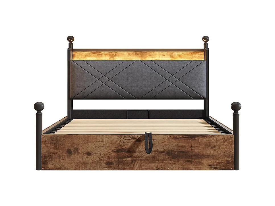 Lit à baldaquin en fer forgé 140x190 avec rangement hydraulique baldaquin fer forgé montants amovibles LED ports USB Type C pour adolescent noir