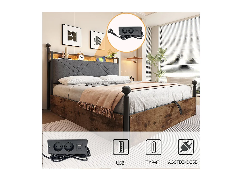 Lit à baldaquin en fer forgé 140x190 avec rangement hydraulique baldaquin fer forgé montants amovibles LED ports USB Type C pour adolescent noir