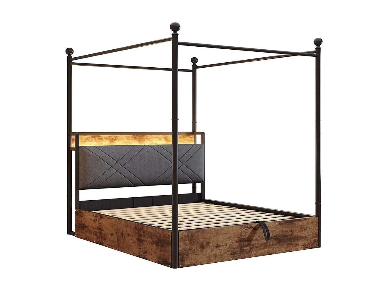 Lit à baldaquin en fer forgé 140x190 avec rangement hydraulique baldaquin fer forgé montants amovibles LED ports USB Type C pour adolescent noir