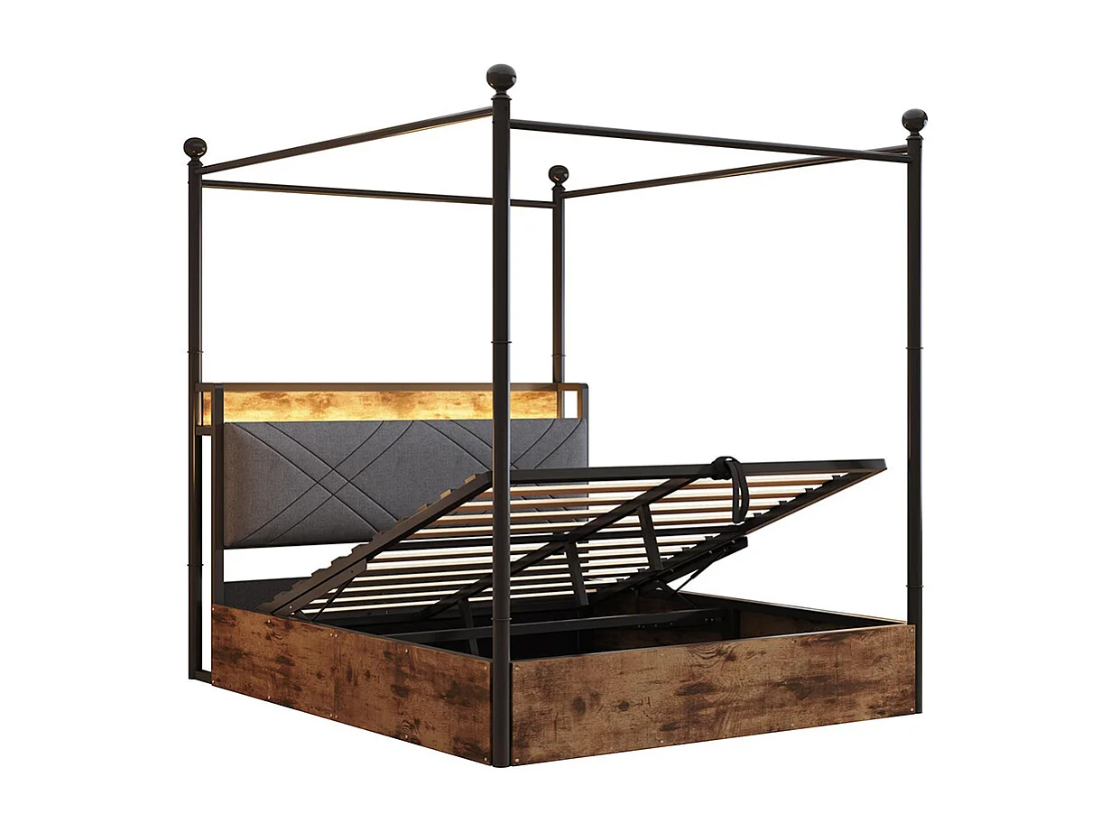 Lit à baldaquin en fer forgé 140x190 avec rangement hydraulique baldaquin fer forgé montants amovibles LED ports USB Type C pour adolescent noir