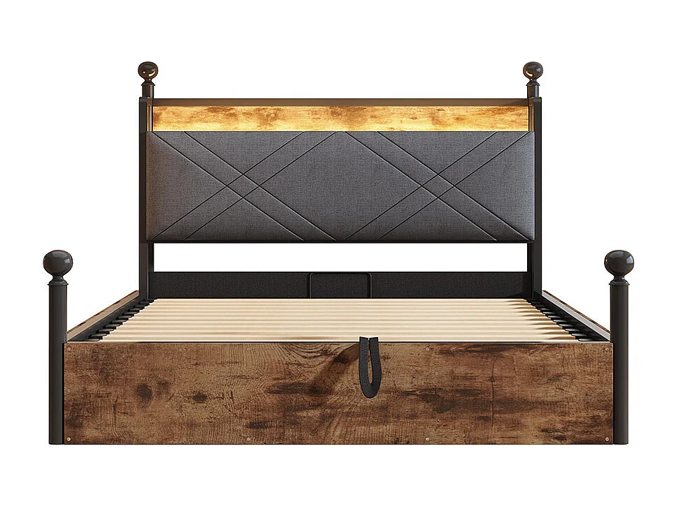 Lit à baldaquin en fer forgé 140x190 avec rangement hydraulique baldaquin fer forgé montants amovibles LED ports USB Type C pour adolescent noir