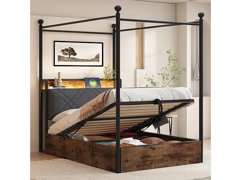 Lit à baldaquin en fer 90x190 avec rangement hydraulique baldaquin fer forgé montants amovibles LED USB Type C pour adolescent noir