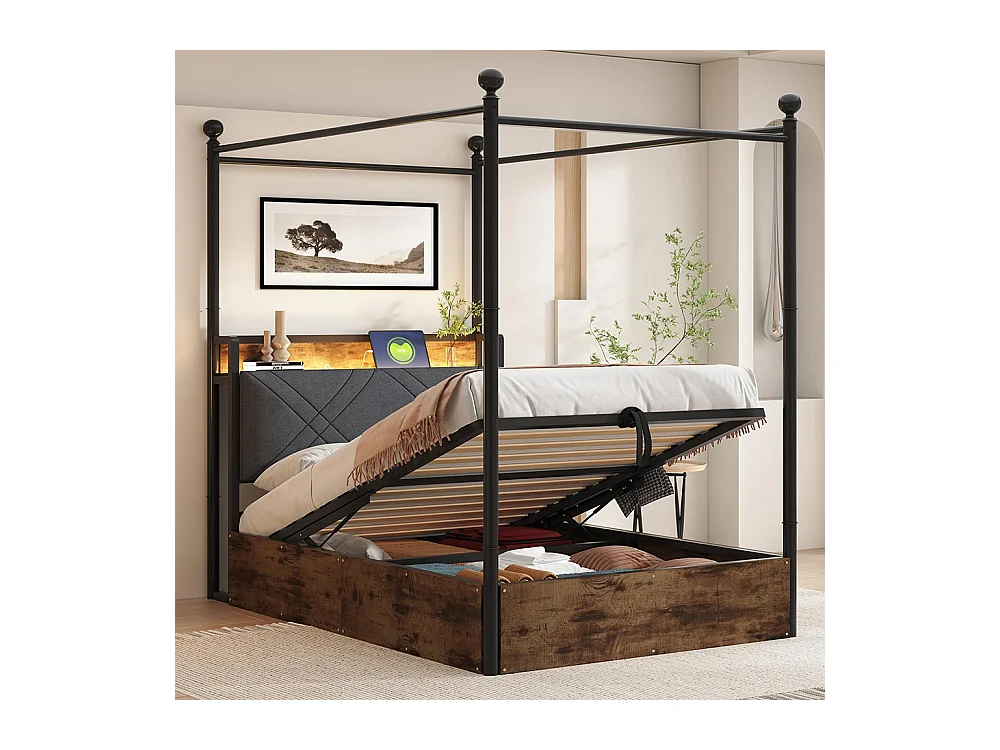 Lit à baldaquin en fer 90x190 avec rangement hydraulique baldaquin fer forgé montants amovibles LED USB Type C pour adolescent noir