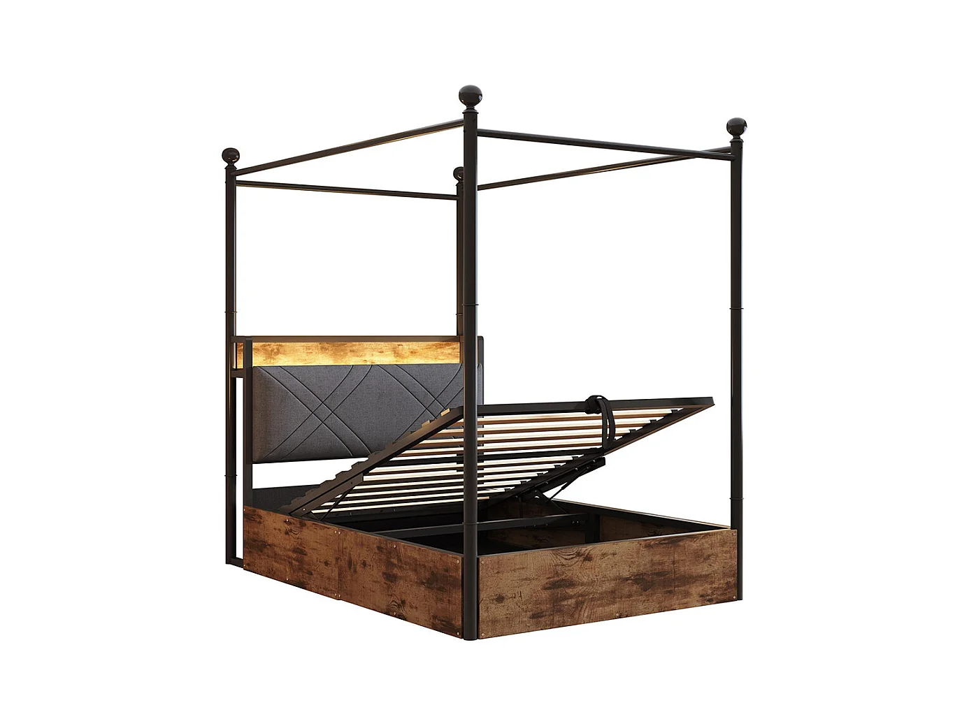 Lit à baldaquin en fer 90x190 avec rangement hydraulique baldaquin fer forgé montants amovibles LED USB Type C pour adolescent noir