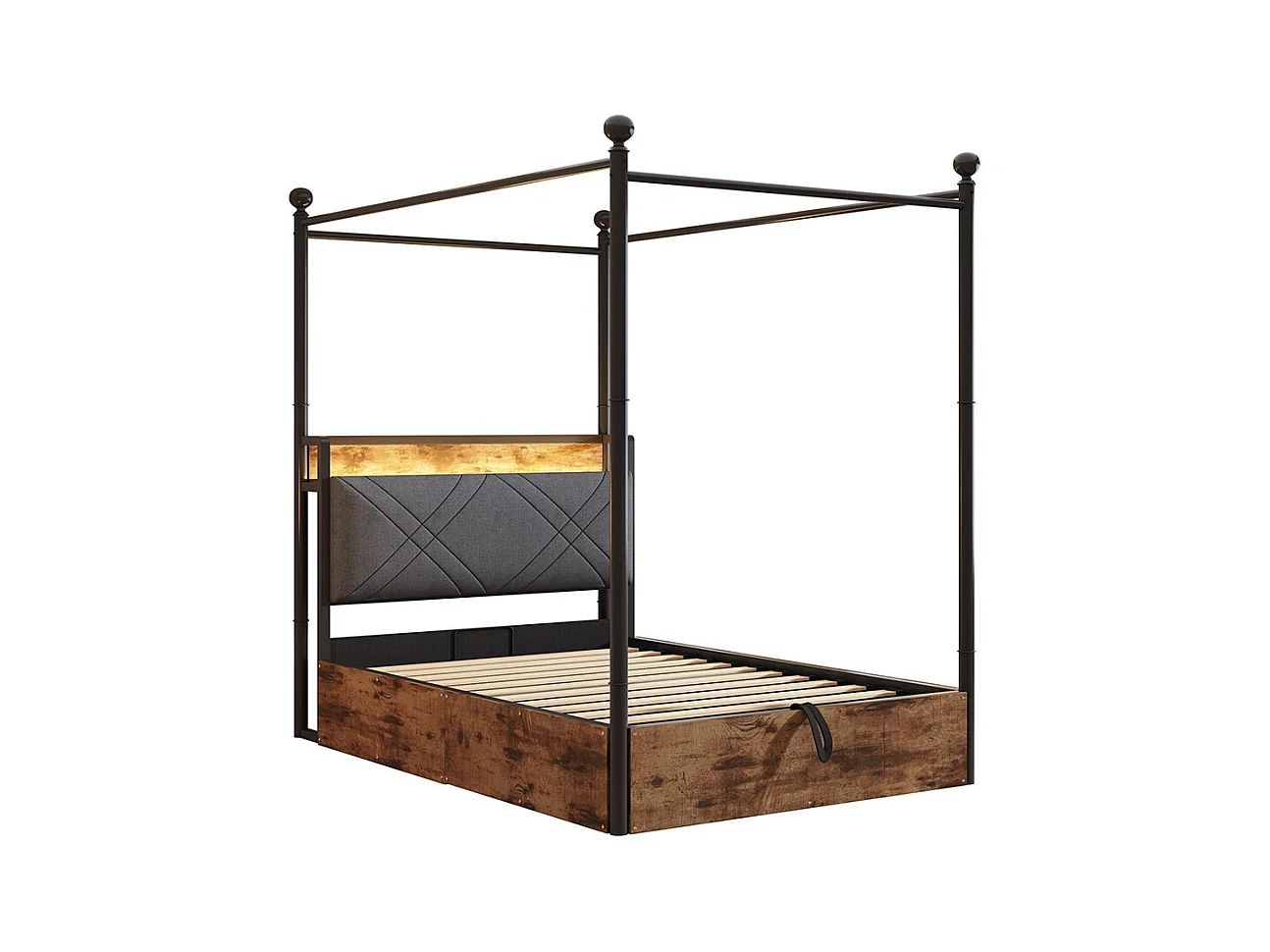 Lit à baldaquin en fer 90x190 avec rangement hydraulique baldaquin fer forgé montants amovibles LED USB Type C pour adolescent noir