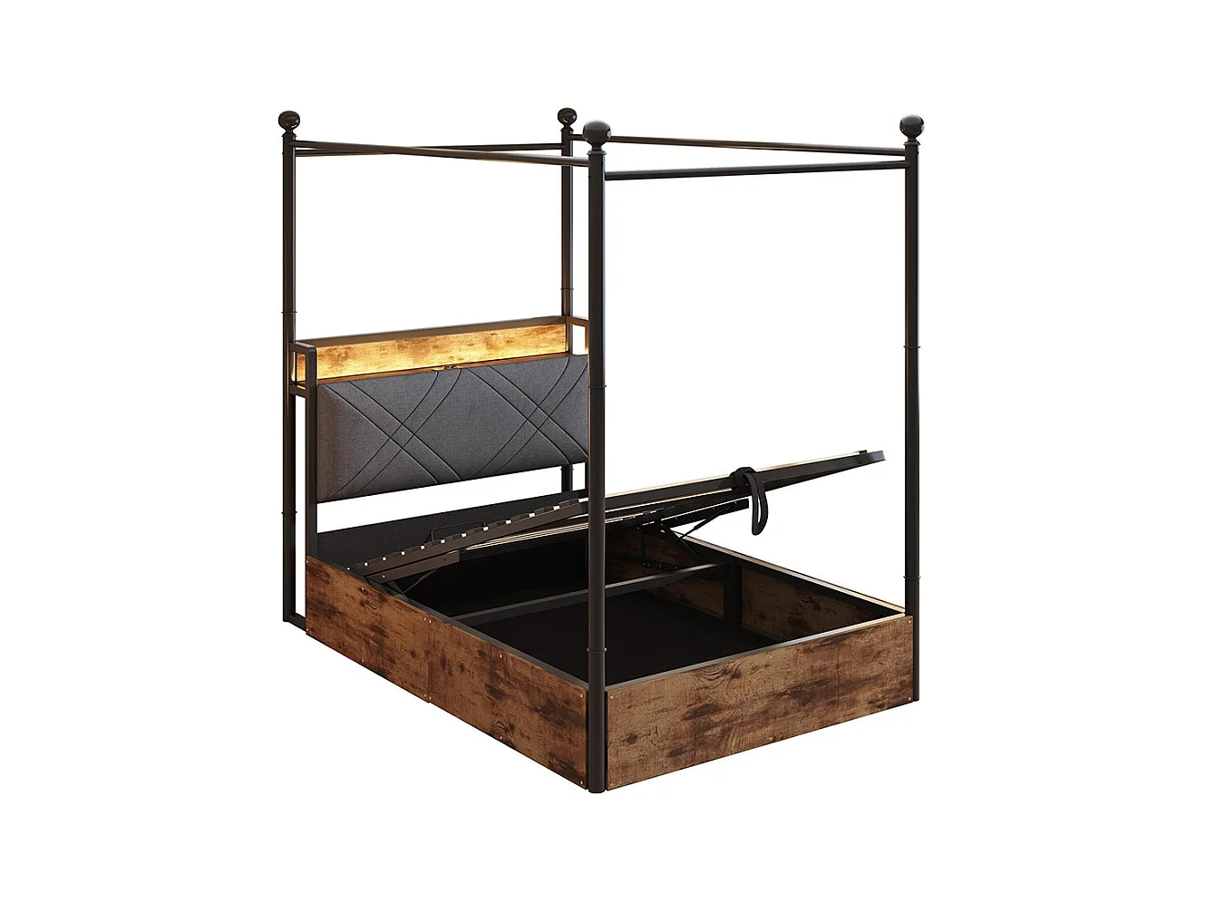 Lit à baldaquin en fer 90x190 avec rangement hydraulique baldaquin fer forgé montants amovibles LED USB Type C pour adolescent noir