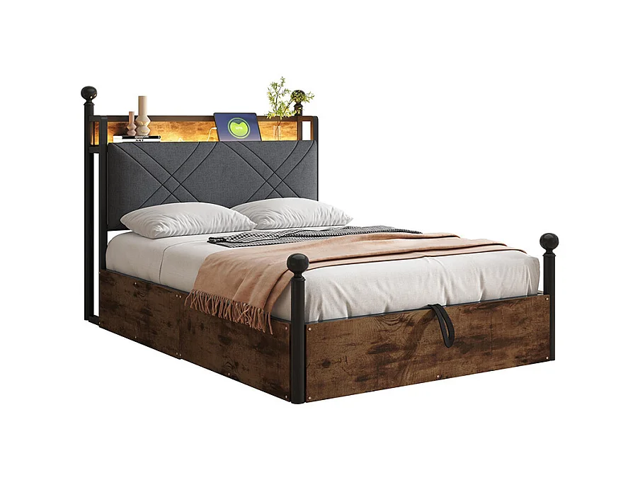 Lit à baldaquin en fer 90x190 avec rangement hydraulique baldaquin fer forgé montants amovibles LED USB Type C pour adolescent noir