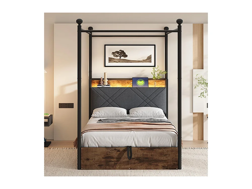 Lit à baldaquin en fer 90x190 avec rangement hydraulique baldaquin fer forgé montants amovibles LED USB Type C pour adolescent noir