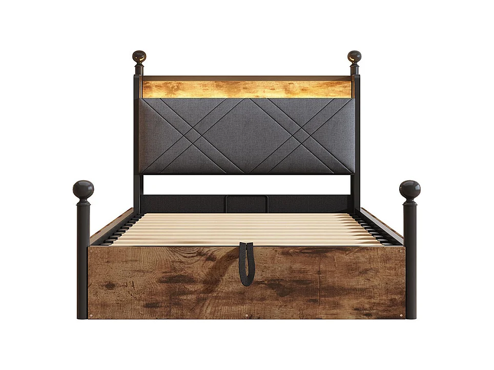 Lit à baldaquin en fer 90x190 avec rangement hydraulique baldaquin fer forgé montants amovibles LED USB Type C pour adolescent noir