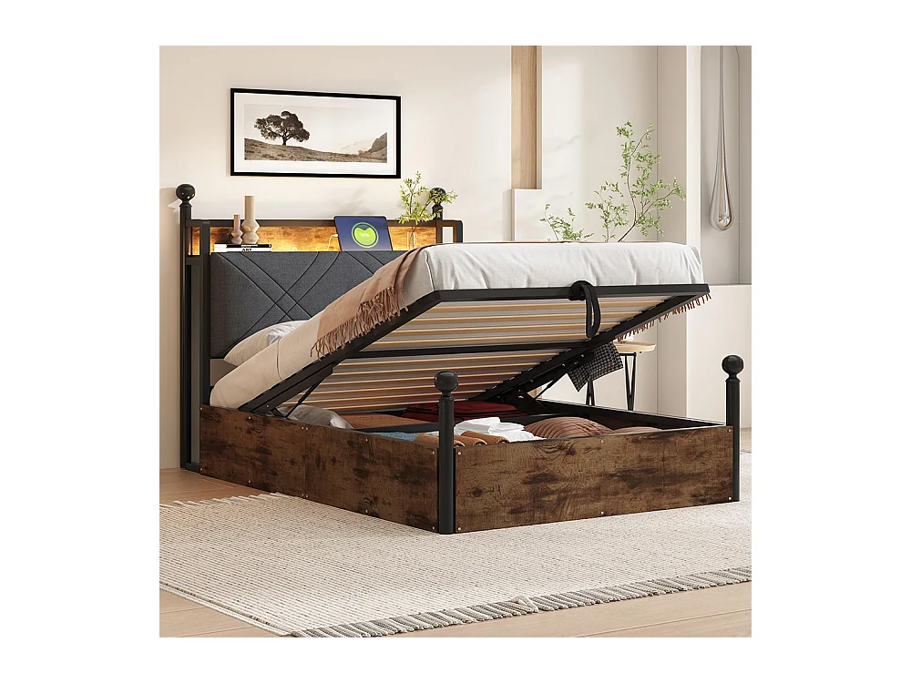 Lit à baldaquin en fer 90x190 avec rangement hydraulique baldaquin fer forgé montants amovibles LED USB Type C pour adolescent noir